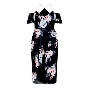 City Chic Black Lotus Floaty High-Low Faux Wrap Cold shoulder Dress Size-18-NWT